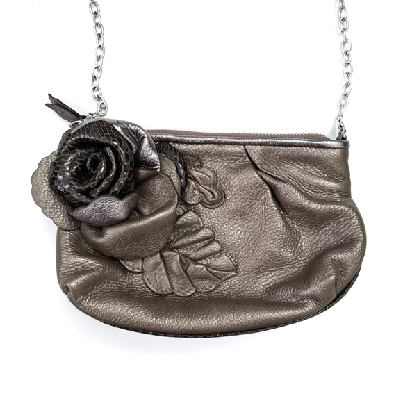Brighton Rhapsody Pouch Silver Leather Rose Chain Mini Shoulder Bag - Picture 2 of 7